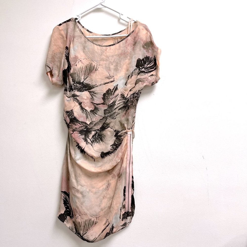 bcbg max azria  pink black silk ruched short sleeve dress XS